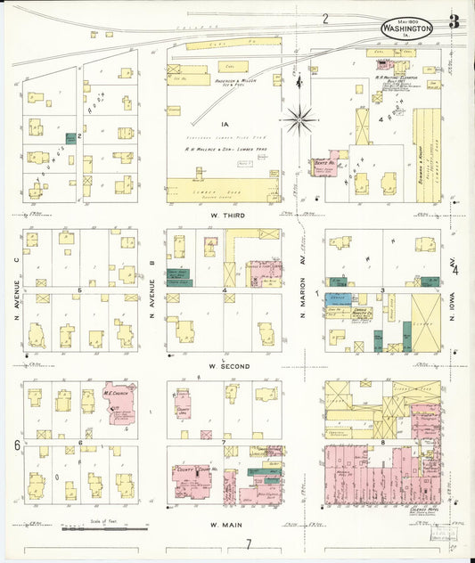Sanborn Fire Insurance Map from Washington, Washington County, Iowa (1909), Sheet #0003 - Historic Sanborn Fire Insurance Map Print, vintage old map wall art