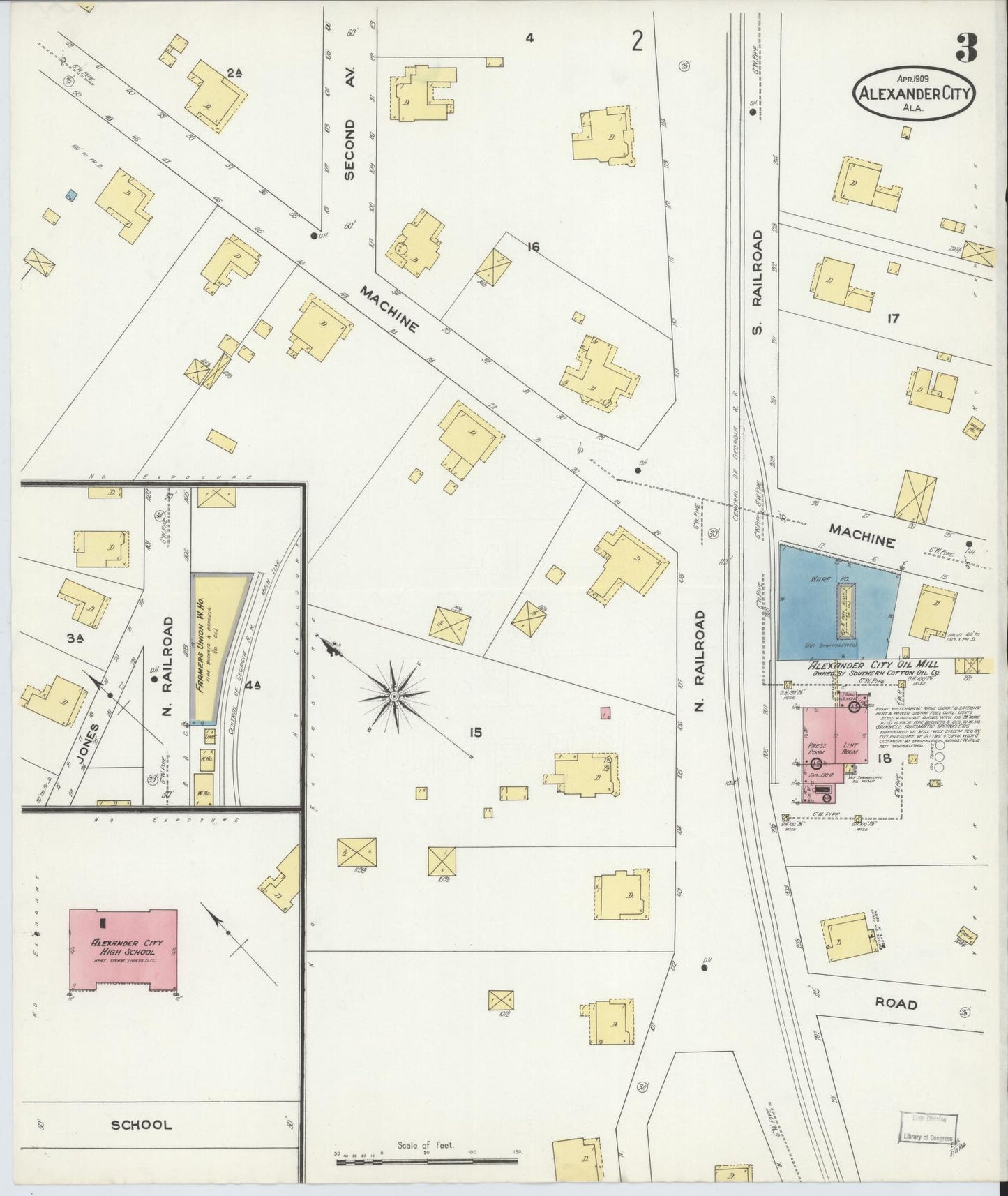 Sanborn Fire Insurance Map from Alexander City, Tallapoosa County, Alabama (1909), Sheet #0003 - Historic Sanborn Fire Insurance Map Print, vintage old map wall art, antique decor, genealogy gift, Alabama Alabama map