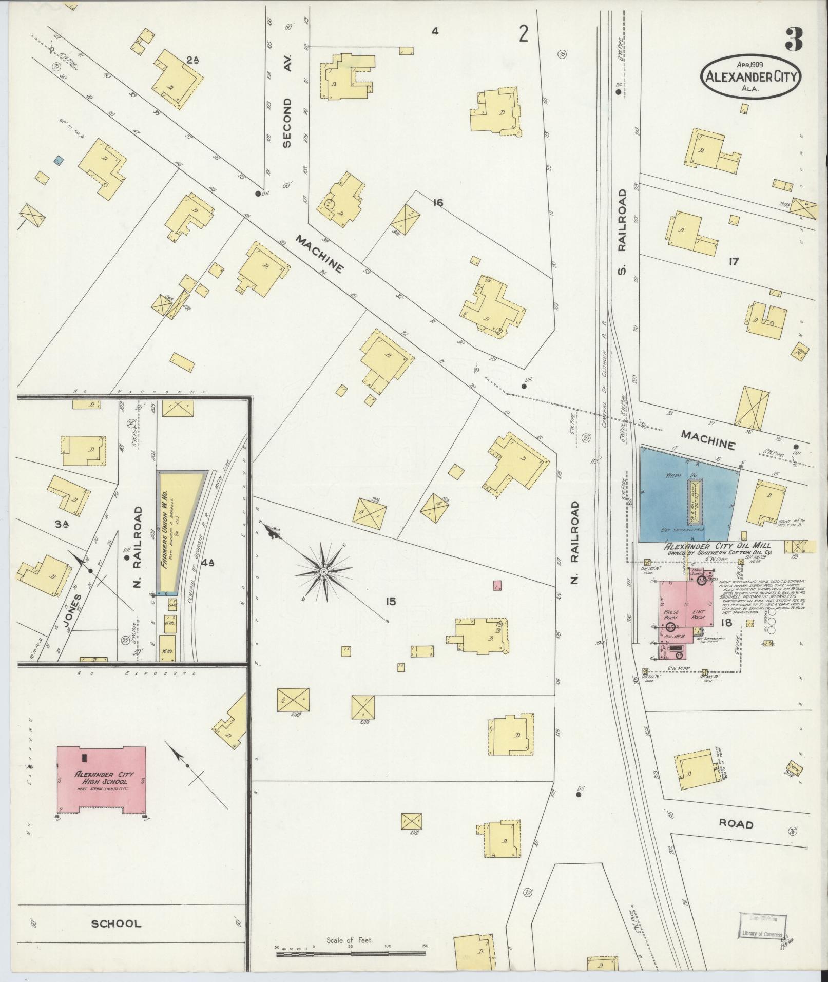 Sanborn Fire Insurance Map from Alexander City, Tallapoosa County, Alabama (1909), Sheet #0003 - Historic Sanborn Fire Insurance Map Print, vintage old map wall art, antique decor, genealogy gift, Alabama Alabama map