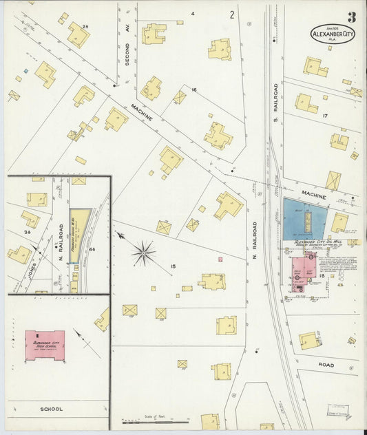 Sanborn Fire Insurance Map from Alexander City, Tallapoosa County, Alabama (1909), Sheet #0003 - Historic Sanborn Fire Insurance Map Print, vintage old map wall art, antique decor, genealogy gift, Alabama Alabama map