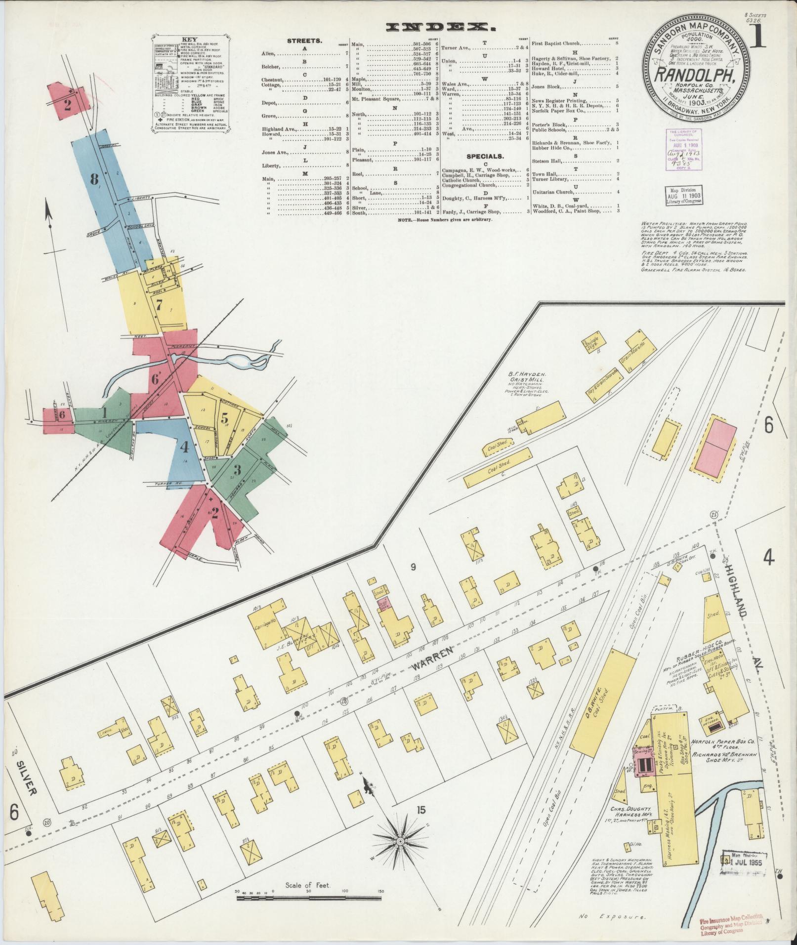Sanborn Fire Insurance Map from Randolph, Norfolk County, Massachusetts (1903), Sheet #0001 - Historic Sanborn Fire Insurance Map Print, vintage old map wall art, antique decor, genealogy gift, Massachusetts Massachusetts map
