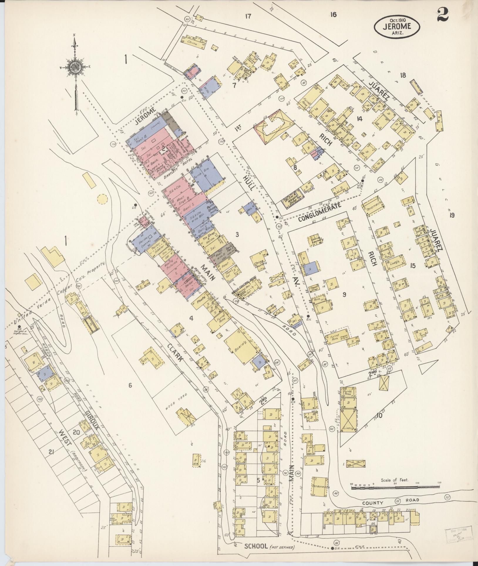 Sanborn Fire Insurance Map from Jerome, Yavapai County, Arizona (1910), Sheet #0002 - Complete Map Set gallery image, historic Sanborn map, vintage wall art, Arizona Arizona