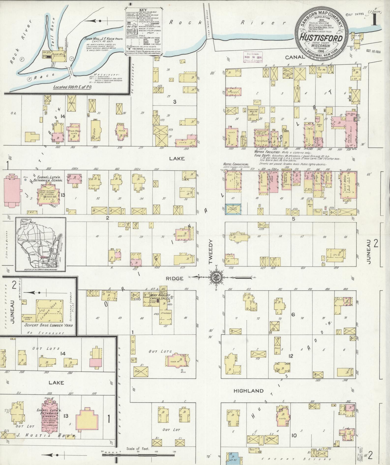 Sanborn Fire Insurance Map from Hustisford, Dodge County, Wisconsin (1914), Sheet #0001 - Historic Sanborn Fire Insurance Map Print, vintage old map wall art, antique decor, genealogy gift, Wisconsin Wisconsin map
