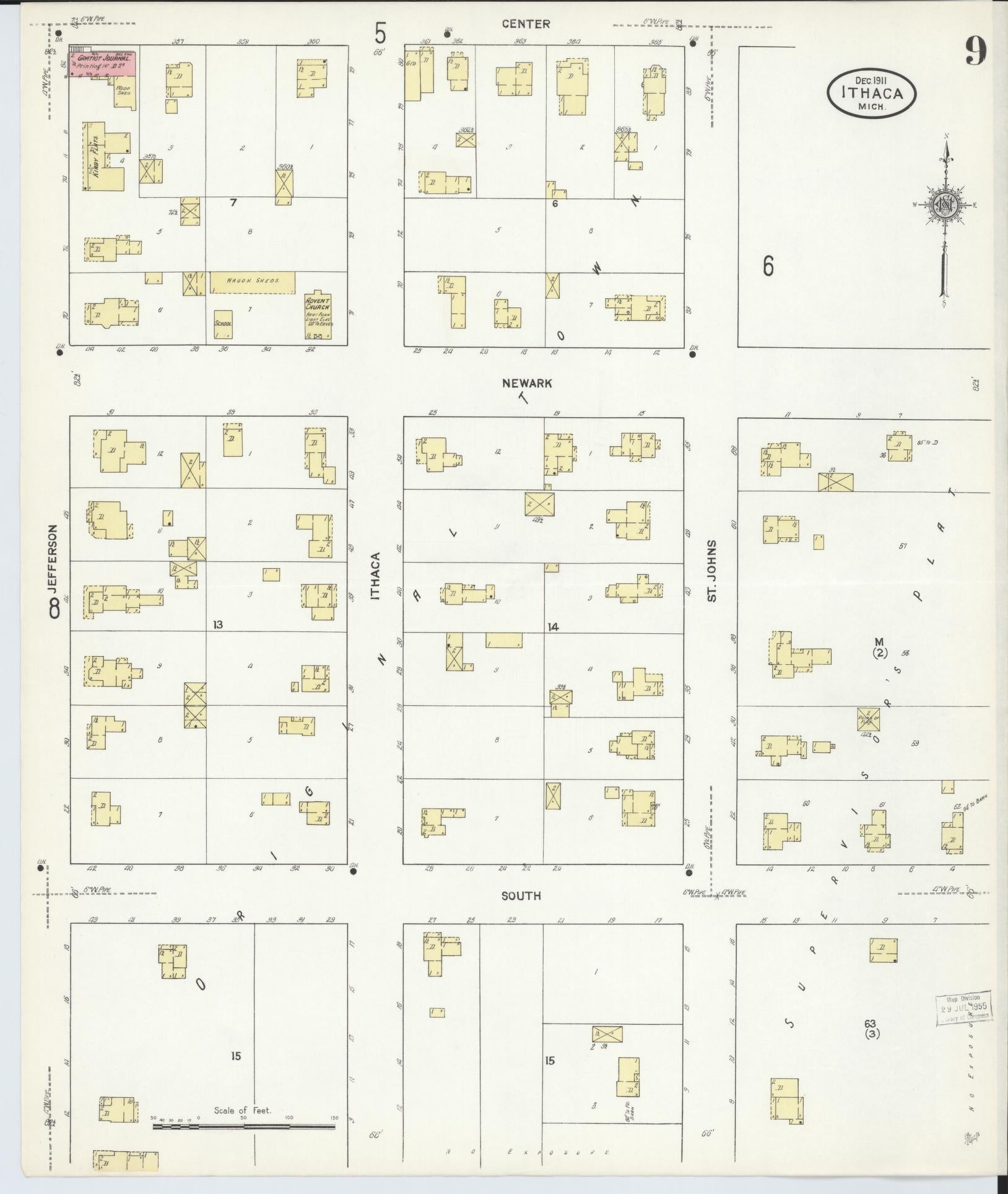 Sanborn Fire Insurance Map from Ithaca, Gratiot County, Michigan (1911), Sheet #0009 - Historic Sanborn Fire Insurance Map Print, vintage old map wall art, antique decor, genealogy gift, Michigan Michigan map