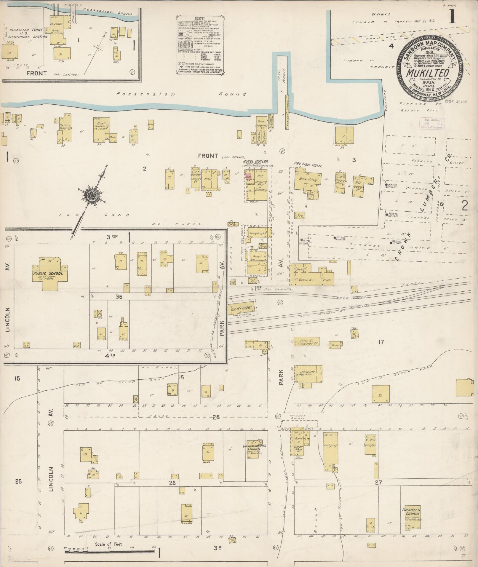 Sanborn Fire Insurance Map from Mukilteo, Snohomish County, Washington (1912), Sheet #0001 - Historic Sanborn Fire Insurance Map Print, vintage old map wall art, antique decor, genealogy gift, Washington Washington map