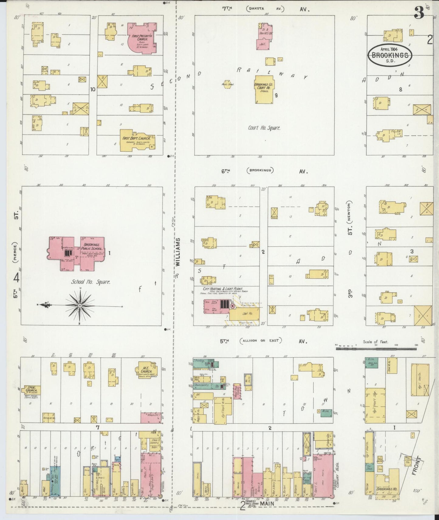 Sanborn Fire Insurance Map from Brookings, Brookings County, South Dakota (1904), Sheet #0003 - Complete Map Set gallery image, historic Sanborn map, vintage wall art, South Dakota South Dakota