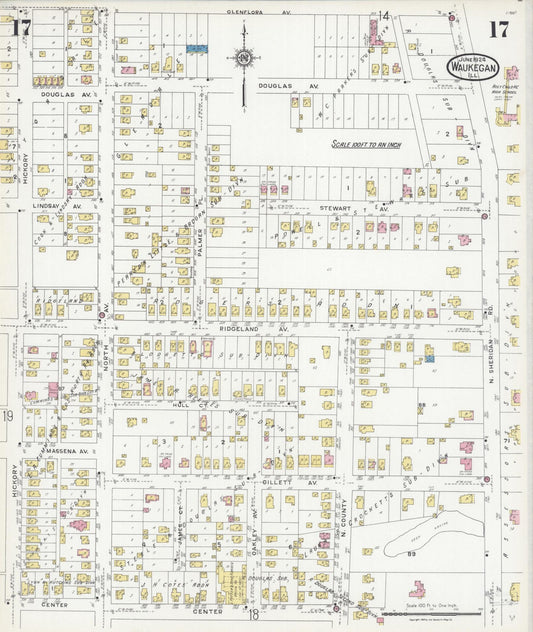Sanborn Fire Insurance Map from Waukegan, Lake County, Illinois (1924), Sheet #0017 - Historic Sanborn Fire Insurance Map Print, vintage old map wall art, antique decor, genealogy gift, Illinois Illinois map