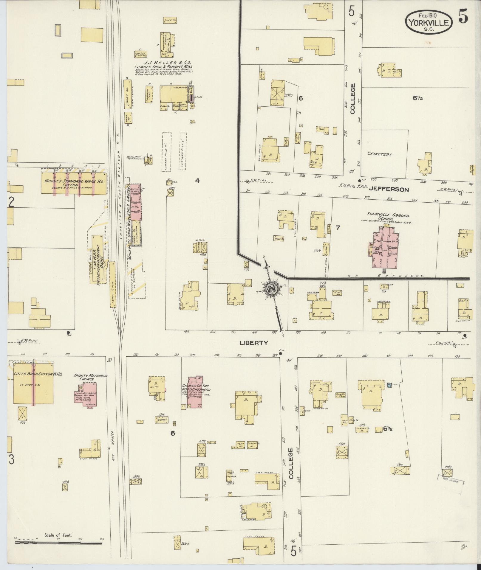 Sanborn Fire Insurance Map from York[ville], York County, South Carolina (1910), Sheet #0005 - Historic Sanborn Fire Insurance Map Print, vintage old map wall art, antique decor, genealogy gift, South Carolina South Carolina map