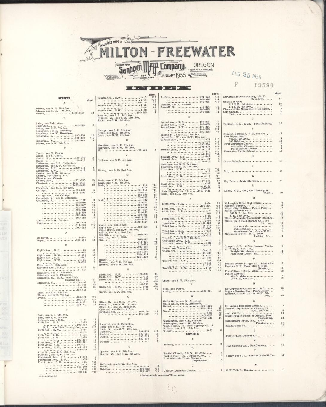 Sanborn Fire Insurance Map from Milton, Umatilla County, Oregon. (1955) – Historic Sanborn Fire Insurance Map Print