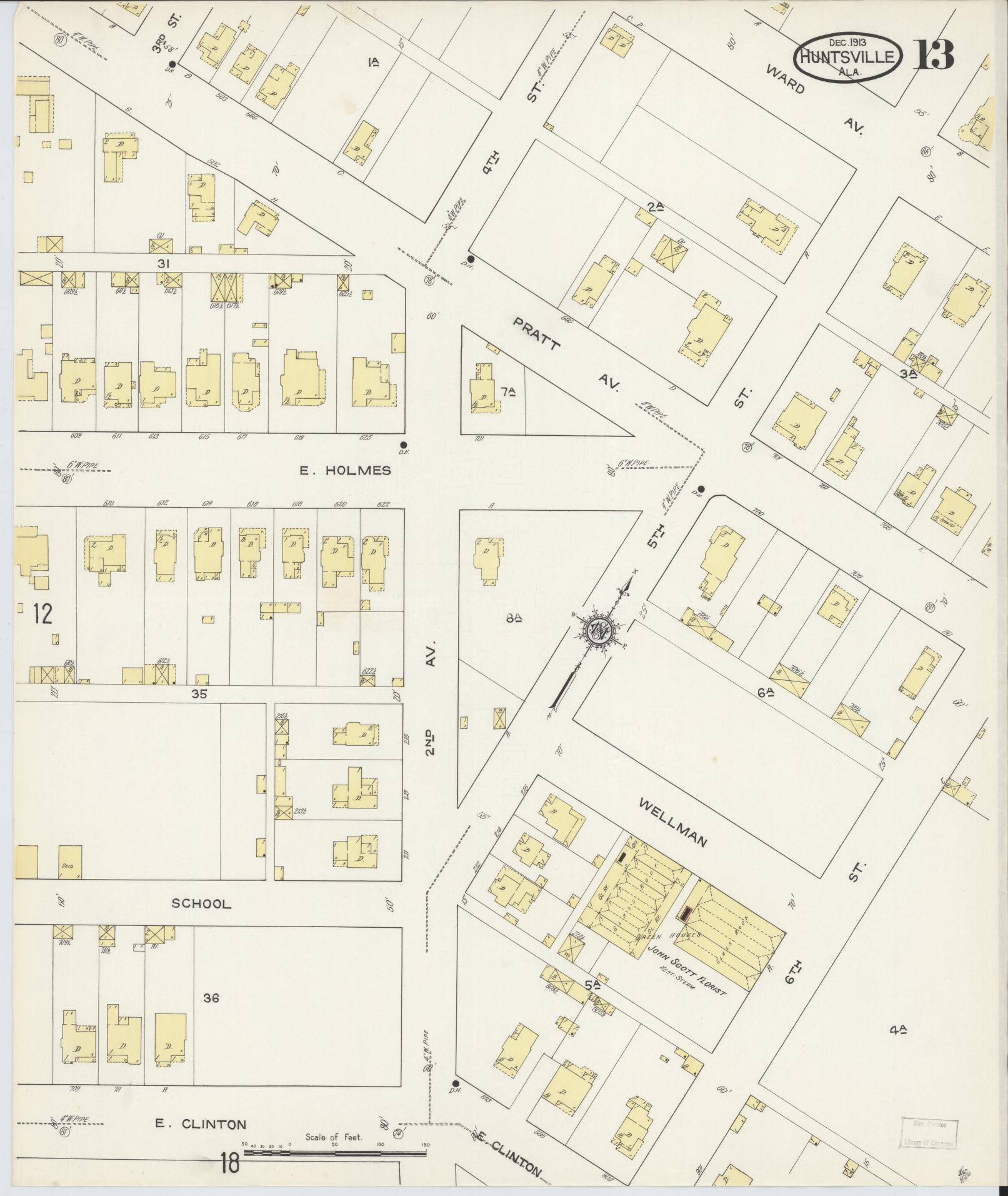 Sanborn Fire Insurance Map from Huntsville, Madison County, Alabama (1913), Sheet #0013 - Historic Sanborn Fire Insurance Map Print, vintage old map wall art, antique decor, genealogy gift, Alabama Alabama map