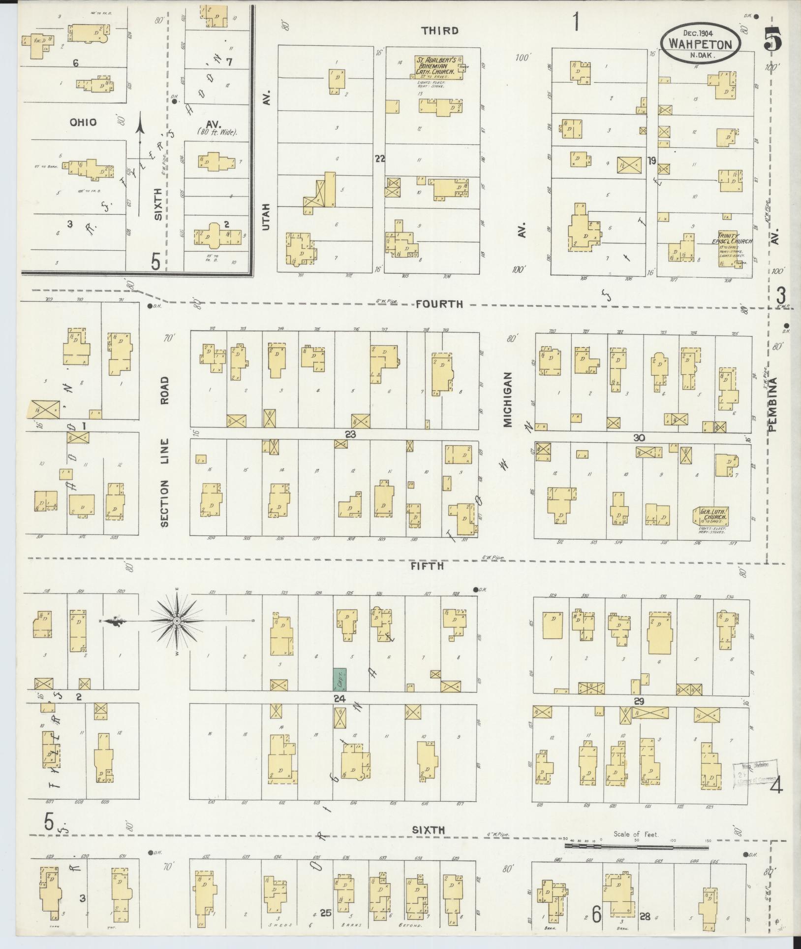 Sanborn Fire Insurance Map from Wahpeton, Richland County, North Dakota (1904), Sheet #0005 - Complete Map Set gallery image, historic Sanborn map, vintage wall art, North Dakota North Dakota