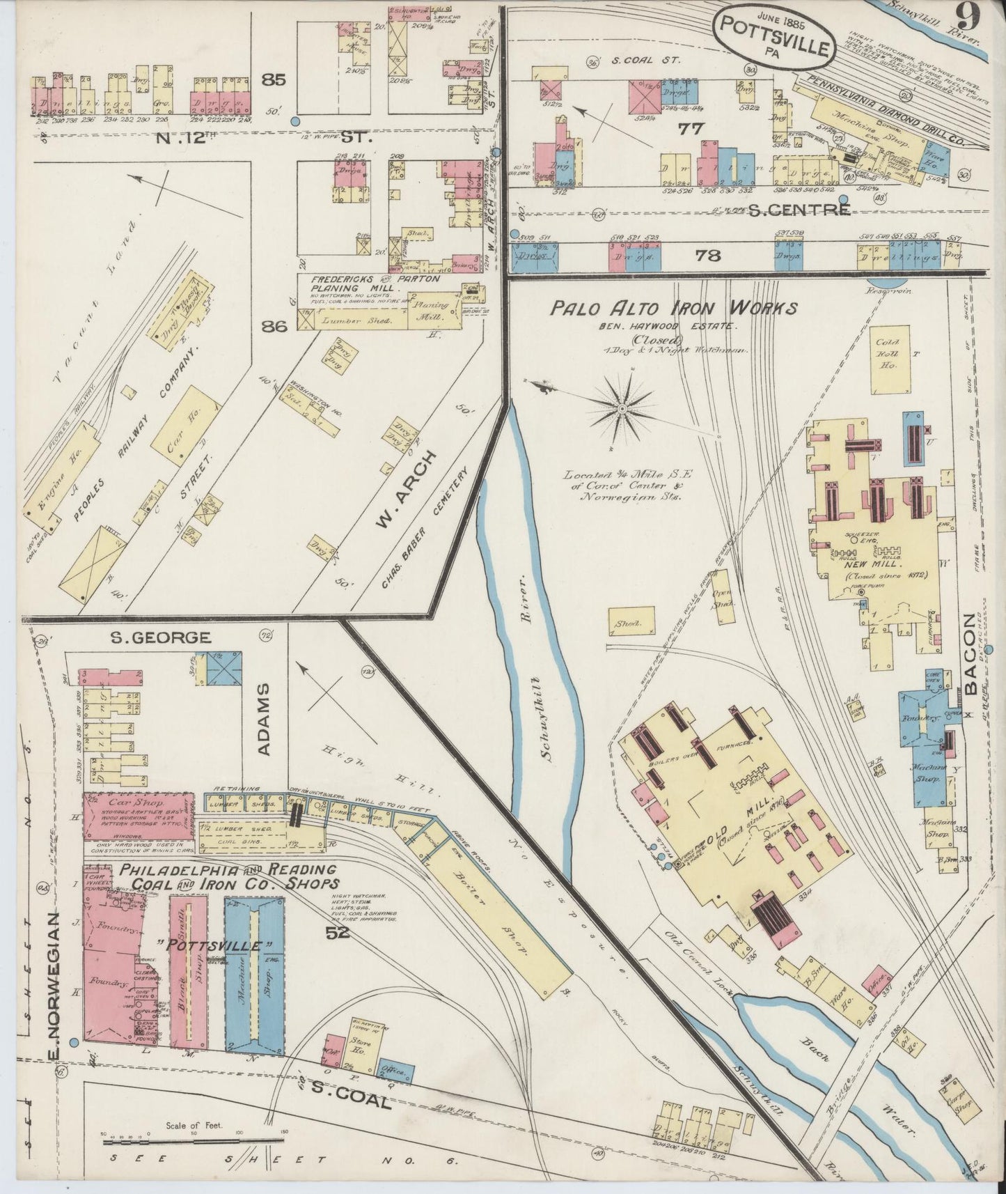 Sanborn Fire Insurance Map from Pottsville, Schuylkill County, Pennsylvania (1885), Sheet #0009 - Complete Map Set gallery image, historic Sanborn map, vintage wall art, Pennsylvania Pennsylvania
