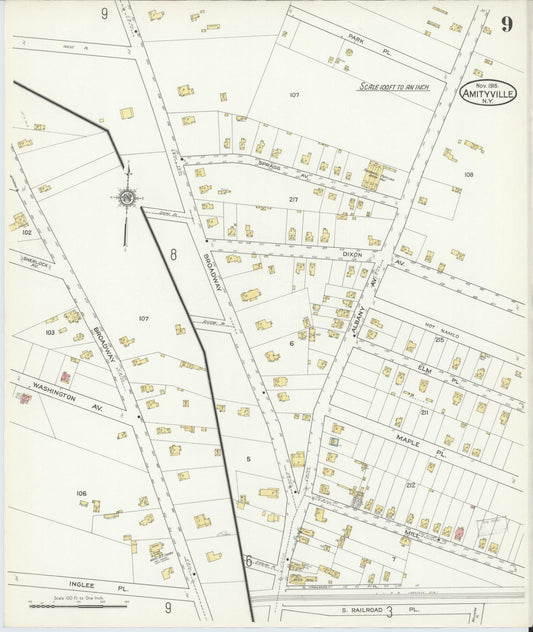 Sanborn Fire Insurance Map from Amityville, Suffolk County, New York (1915), Sheet #0009 - Historic Sanborn Fire Insurance Map Print, vintage old map wall art, antique decor, genealogy gift, New York New York map
