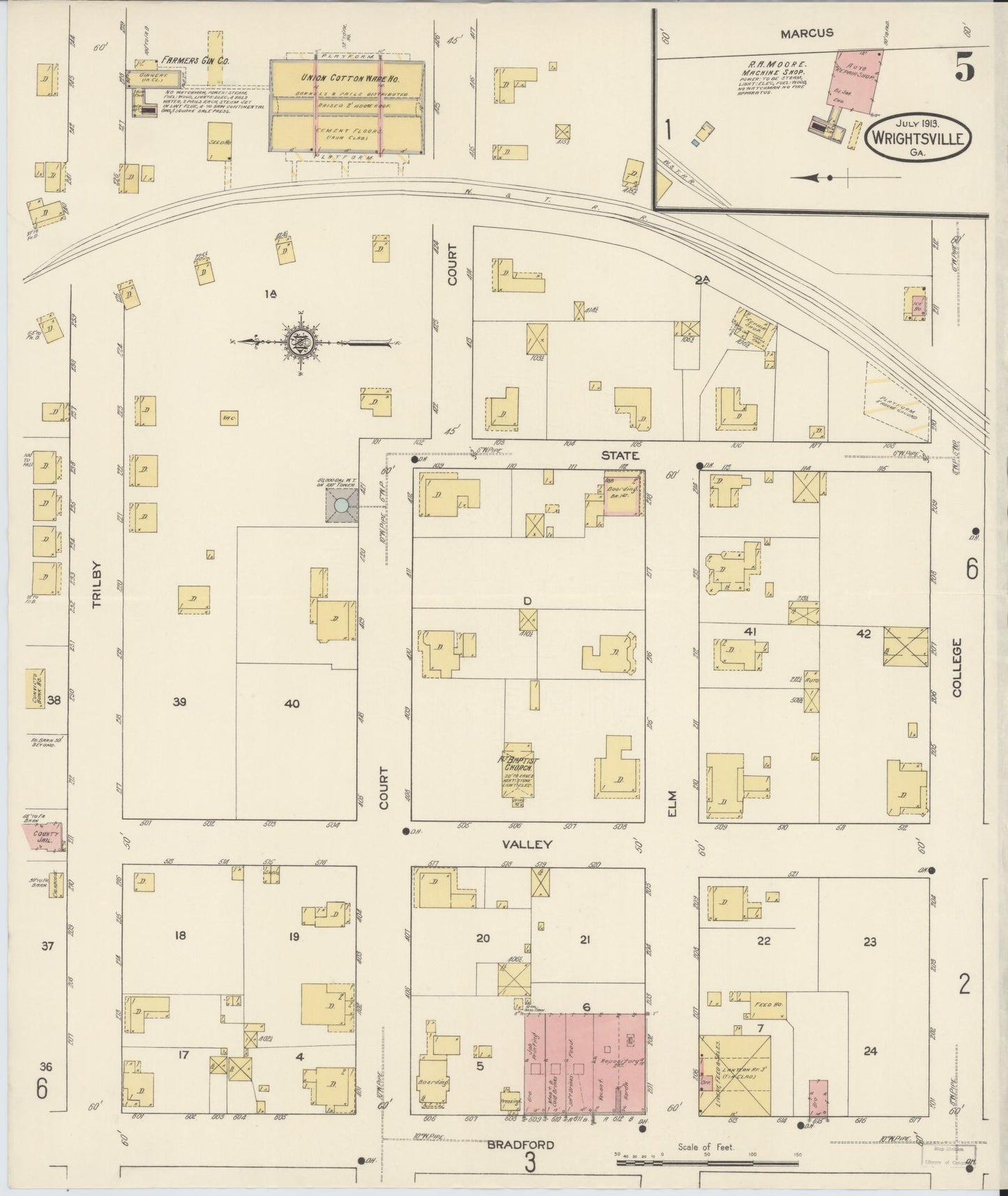 Sanborn Fire Insurance Map from Wrightsville, Johnson County, Georgia (1913), Sheet #0005 - Complete Map Set gallery image, historic Sanborn map, vintage wall art, Georgia Georgia