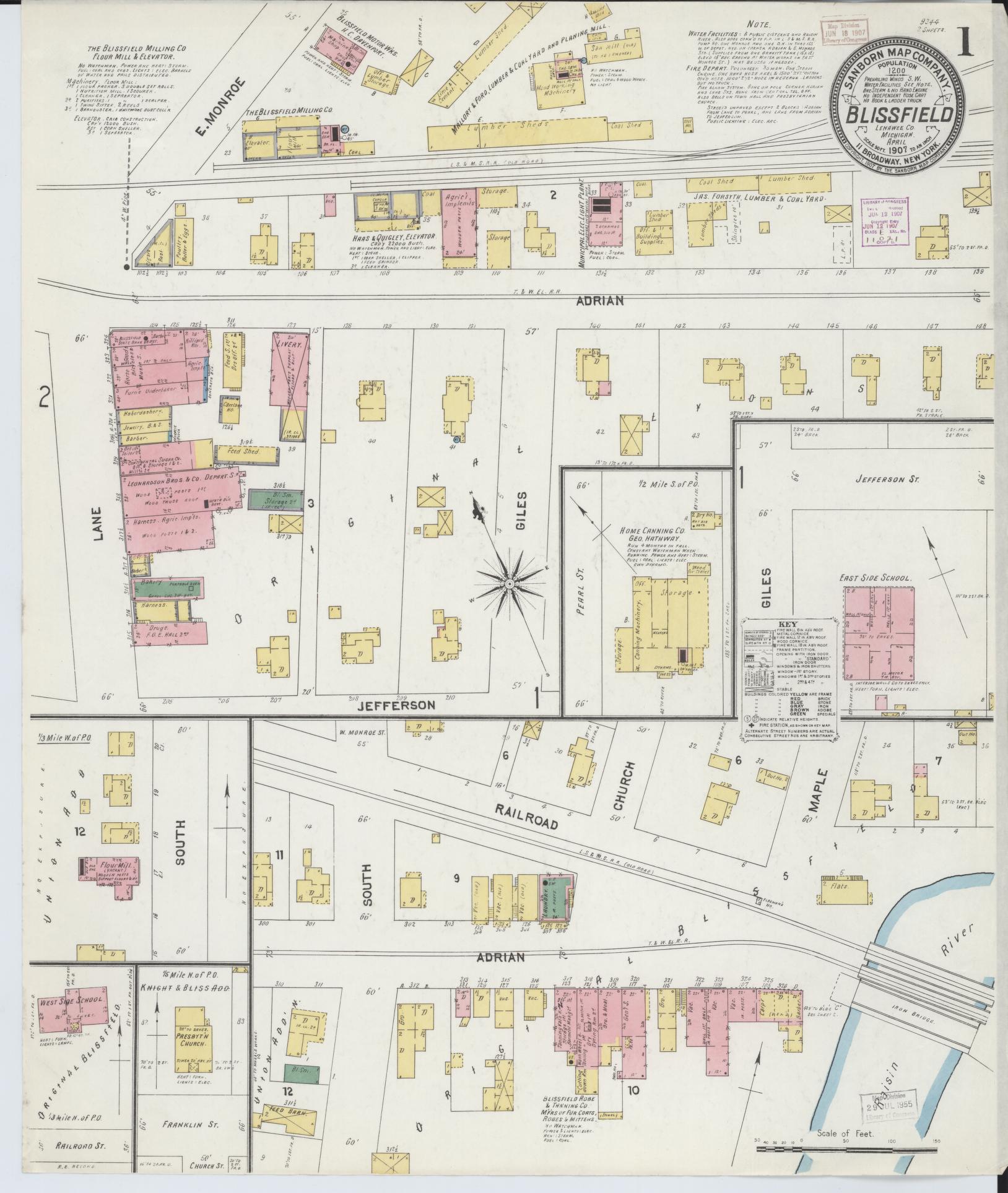 Sanborn Fire Insurance Map from Blissfield, Lenawee County, Michigan (1907), Sheet #0001 - Complete Map Set gallery image, historic Sanborn map, vintage wall art, Michigan Michigan