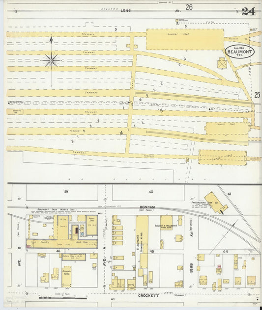 Sanborn Fire Insurance Map from Beaumont, Jefferson County, Texas (1904), Sheet #0024 - Historic Sanborn Fire Insurance Map Print, vintage old map wall art, antique decor, genealogy gift, Texas Texas map