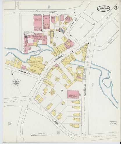 Sanborn Fire Insurance Map from Taunton, Bristol County, Massachusetts (1893), Sheet #0008 - Historic Sanborn Fire Insurance Map Print, vintage old map wall art, antique decor, genealogy gift, Massachusetts Massachusetts map