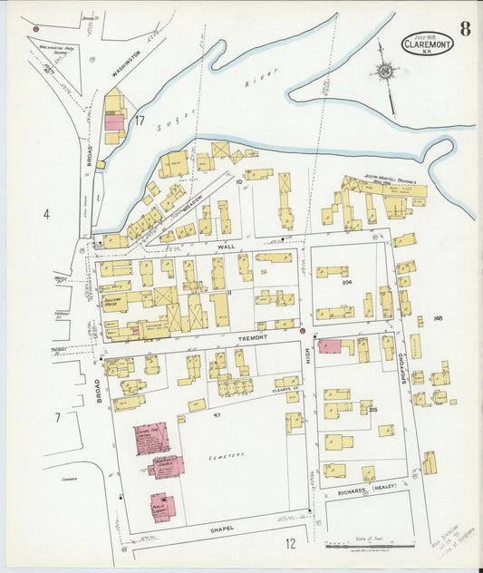 Sanborn Fire Insurance Map from Claremont, Sullivan County, New Hampshire (1918), Sheet #0008 - Historic Sanborn Fire Insurance Map Print, vintage old map wall art, antique decor, genealogy gift, New Hampshire New Hampshire map