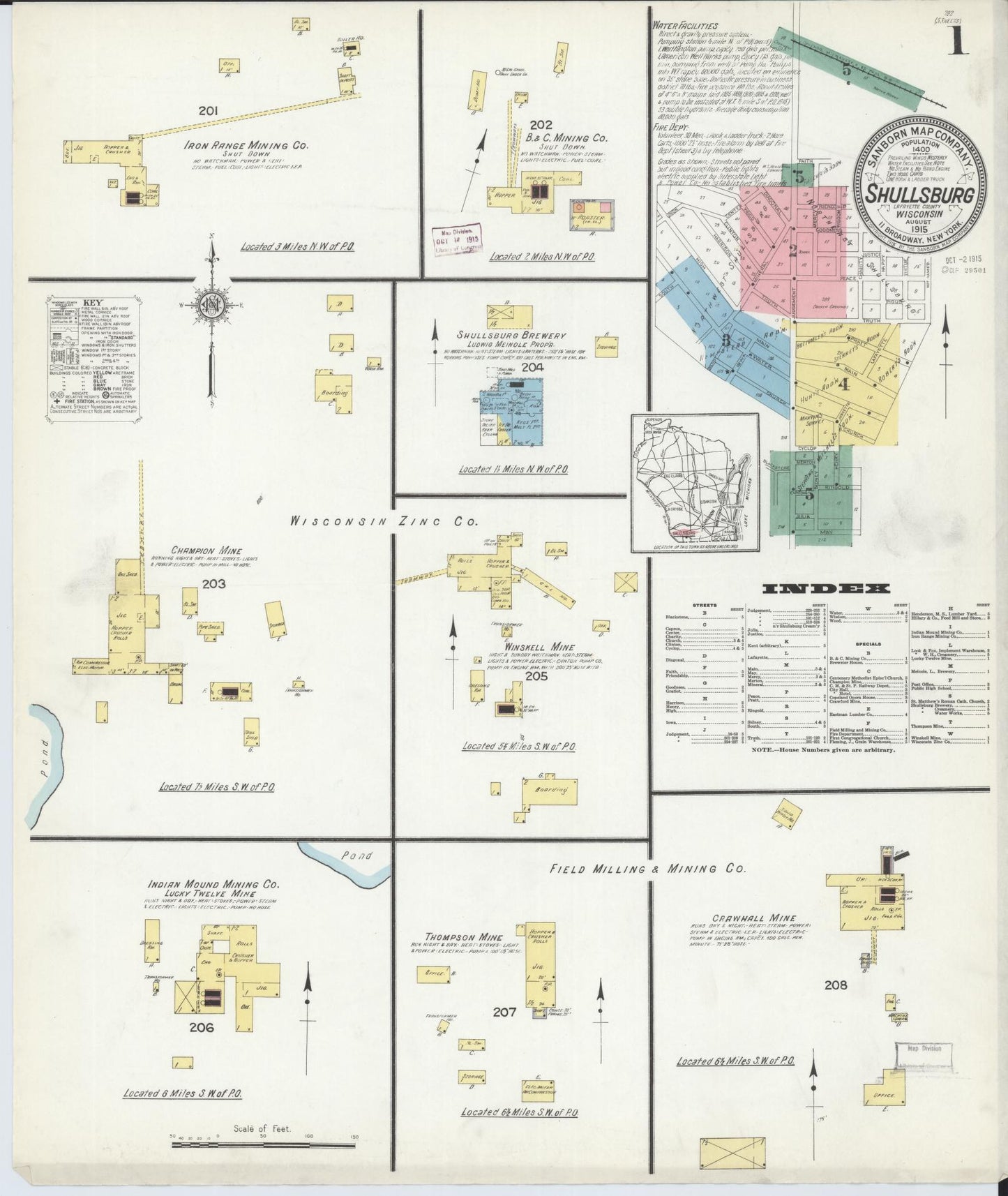 Sanborn Fire Insurance Map from Shullsburg, Lafayette County, Wisconsin (1915), Sheet #0001 - Complete Map Set gallery image, historic Sanborn map, vintage wall art, Wisconsin Wisconsin