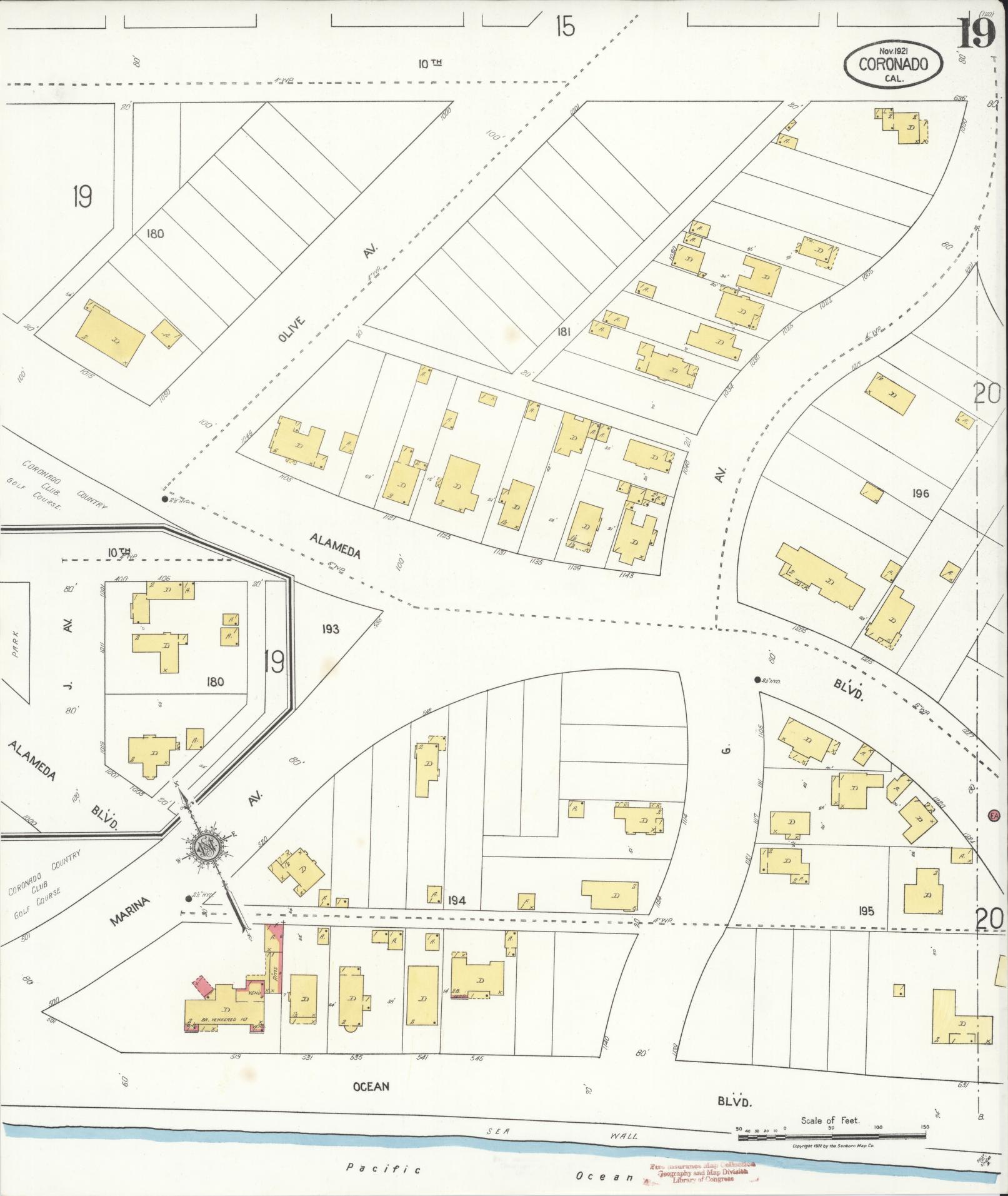 Sanborn Fire Insurance Map from Coronado, San Diego County, California (1921), Sheet #0019 - Complete Map Set gallery image, historic Sanborn map, vintage wall art, California California