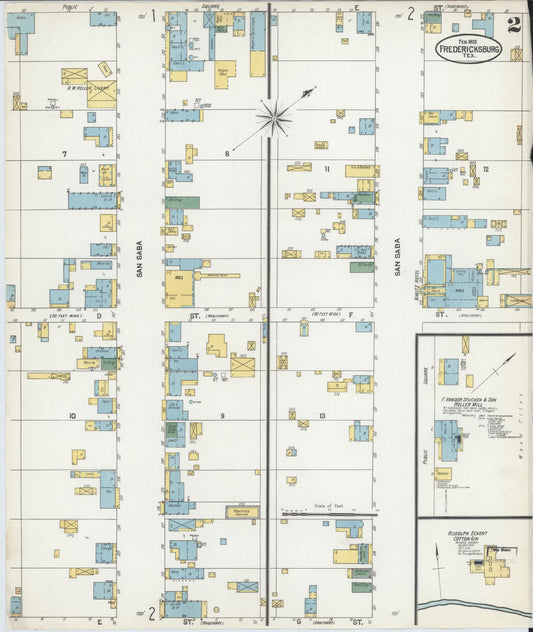 Sanborn Fire Insurance Map from Fredericksburg, Gillespie County, Texas (1902), Sheet #0002 - Historic Sanborn Fire Insurance Map Print, vintage old map wall art, antique decor, genealogy gift, Texas Texas map