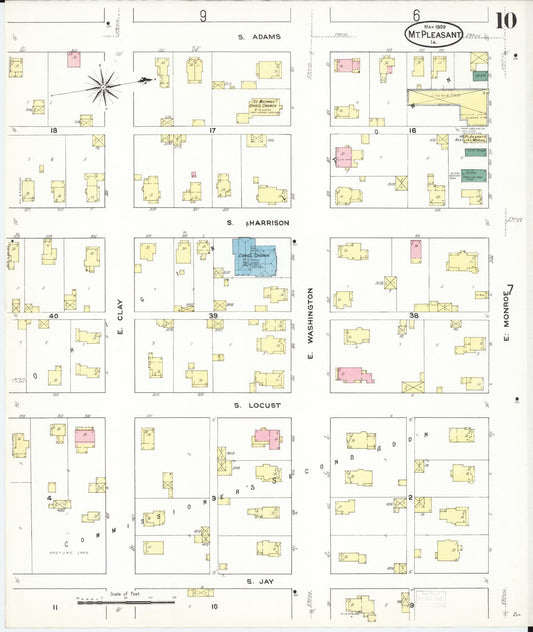 Sanborn Fire Insurance Map from Mount Pleasant, Henry County, Iowa (1909), Sheet #0010 - Historic Sanborn Fire Insurance Map Print, vintage old map wall art