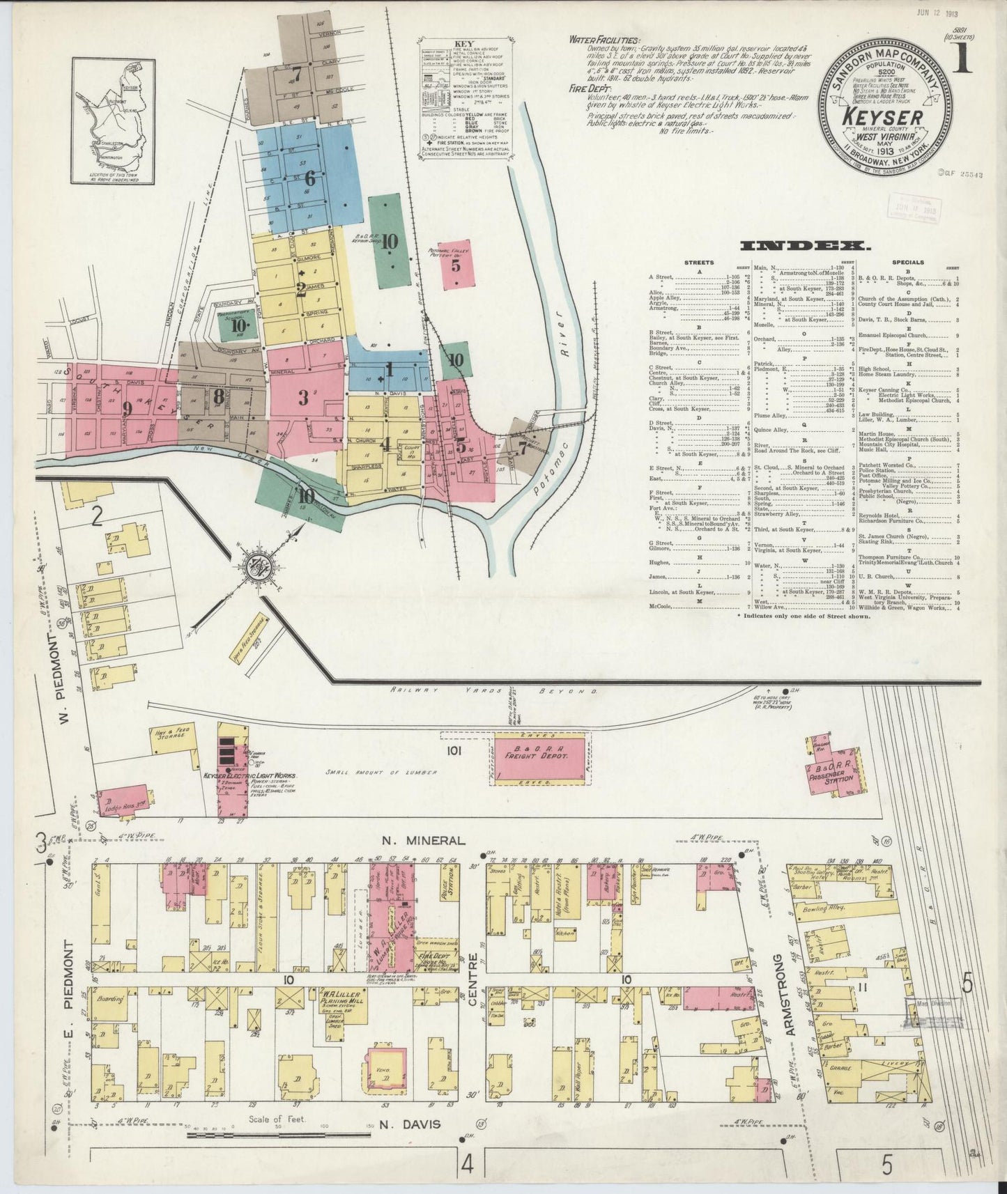 Sanborn Fire Insurance Map from Keyser, Mineral County, West Virginia (1913), Sheet #0001 - Historic Sanborn Fire Insurance Map Print, vintage old map wall art, antique decor, genealogy gift, West Virginia West Virginia map