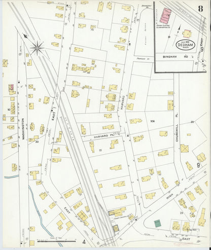 Sanborn Fire Insurance Map from Dedham, Norfolk County, Massachusetts (1909), Sheet #0008 - Complete Map Set gallery image, historic Sanborn map, vintage wall art, Massachusetts Massachusetts