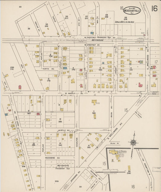 Sanborn Fire Insurance Map from Merchantville, Camden County, New Jersey (1921), Sheet #0016 - Historic Sanborn Fire Insurance Map Print, vintage old map wall art, antique decor, genealogy gift, New Jersey New Jersey map