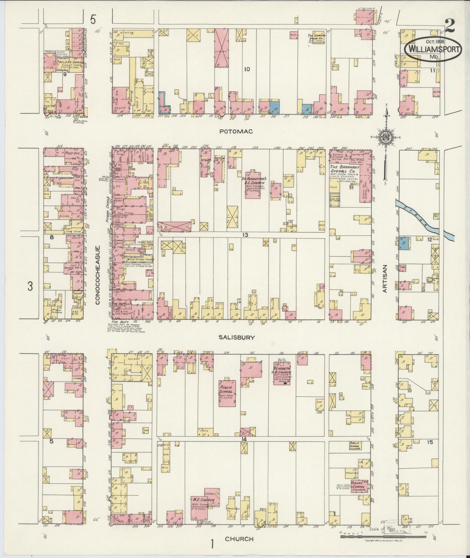 Sanborn Fire Insurance Map from Williamsport, Washington County, Maryland (1918), Sheet #0002 - Historic Sanborn Fire Insurance Map Print, vintage old map wall art, antique decor, genealogy gift, Maryland Maryland map