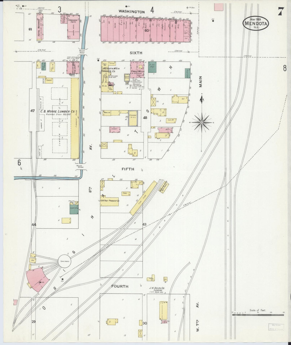 Sanborn Fire Insurance Map from Mendota, La Salle County, Illinois (1909), Sheet #0007 - Complete Map Set gallery image, historic Sanborn map, vintage wall art, Illinois Illinois