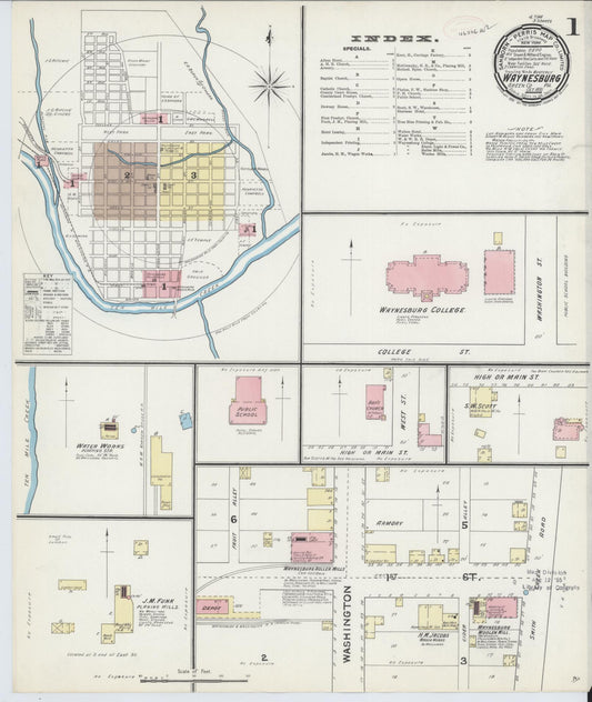 Sanborn Fire Insurance Map from Waynesburg, Greene County, Pennsylvania (1891), Sheet #0001 - Historic Sanborn Fire Insurance Map Print, vintage old map wall art, antique decor, genealogy gift, Pennsylvania Pennsylvania map