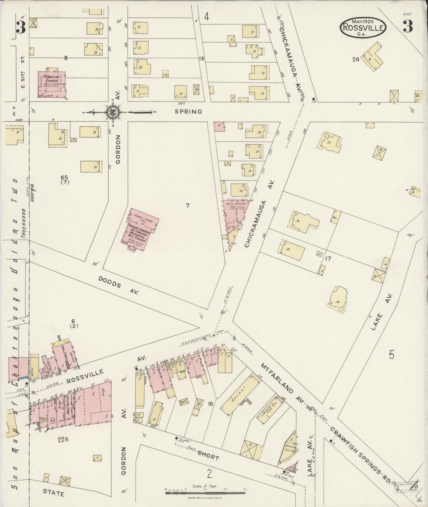 Sanborn Fire Insurance Map from Rossville, Walker County, Georgia (1924), Sheet #0003 - Complete Map Set gallery image, historic Sanborn map, vintage wall art, Georgia Georgia