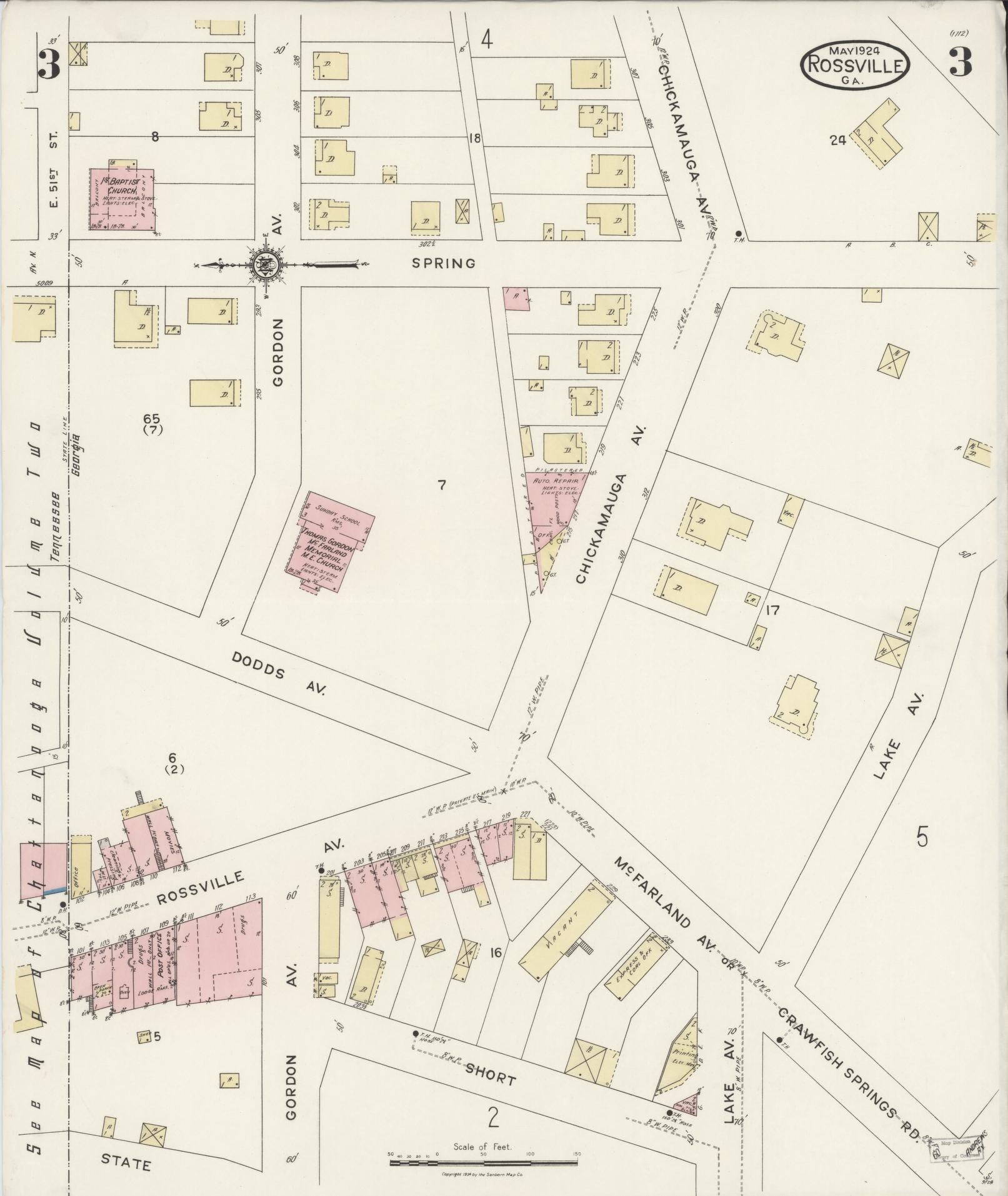 Sanborn Fire Insurance Map from Rossville, Walker County, Georgia (1924), Sheet #0003 - Complete Map Set gallery image, historic Sanborn map, vintage wall art, Georgia Georgia
