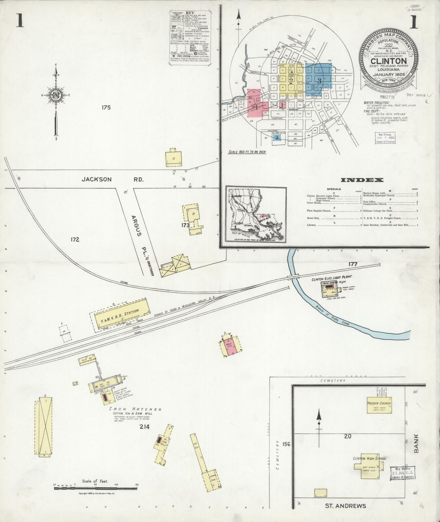 Sanborn Fire Insurance Map from Clinton, East Feliciana Parish, Louisiana (1926), Sheet #0001 - Complete Map Set gallery image, historic Sanborn map, vintage wall art, Louisiana Louisiana