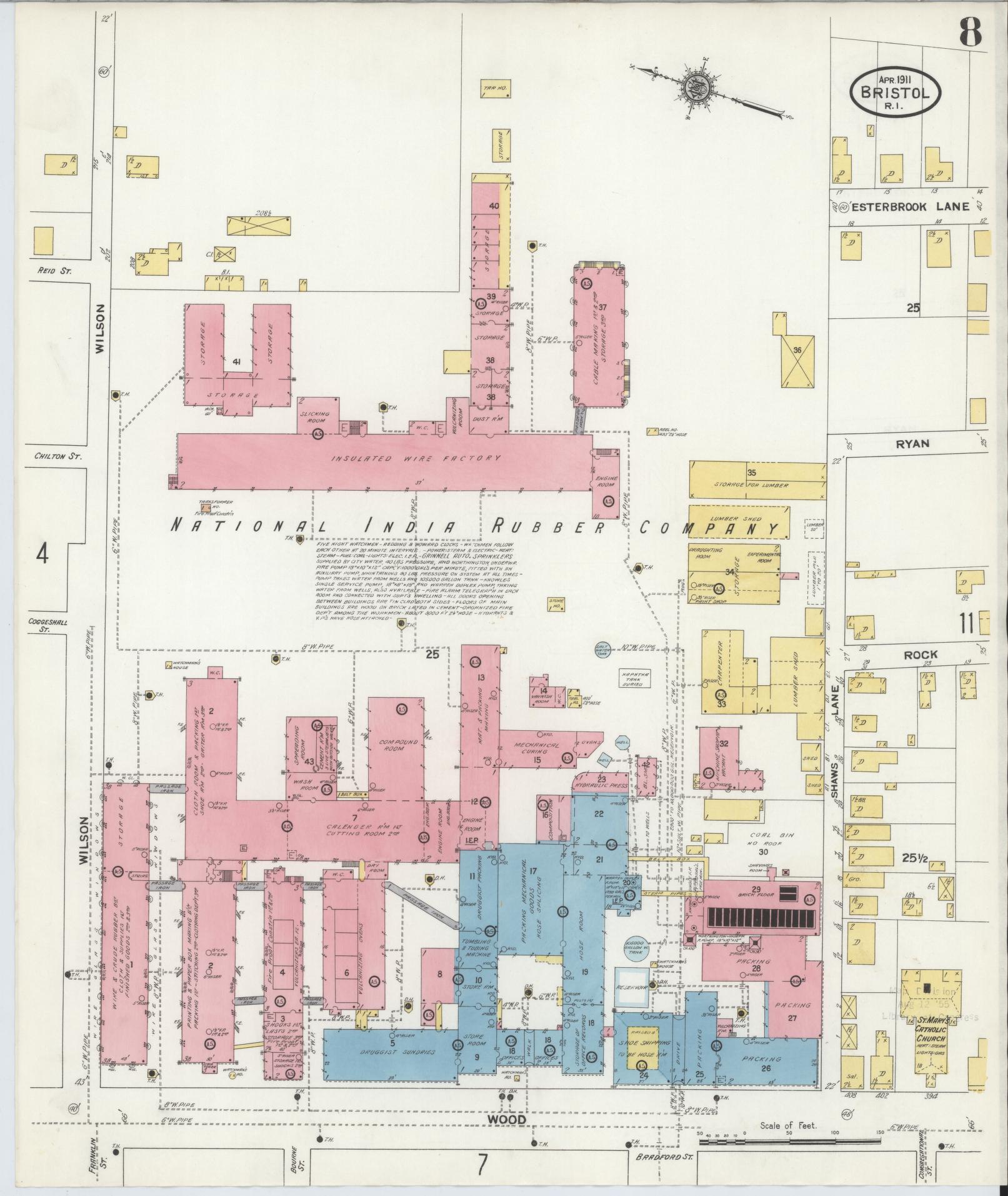 Sanborn Fire Insurance Map from Bristol, Bristol County, Rhode Island (1911), Sheet #0008 - Historic Sanborn Fire Insurance Map Print, vintage old map wall art, antique decor, genealogy gift, Rhode Island Rhode Island map