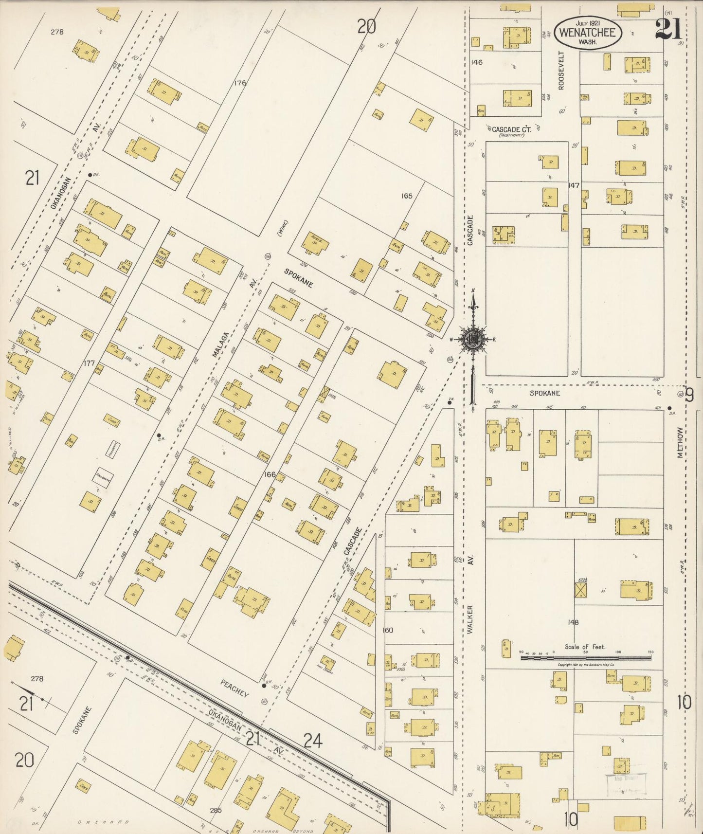 Sanborn Fire Insurance Map from Wenatchee, Chelan County, Washington (1921), Sheet #0021 - Complete Map Set gallery image, historic Sanborn map, vintage wall art, Washington Washington