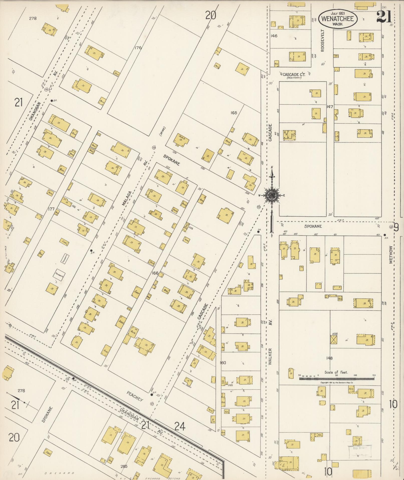 Sanborn Fire Insurance Map from Wenatchee, Chelan County, Washington (1921), Sheet #0021 - Complete Map Set gallery image, historic Sanborn map, vintage wall art, Washington Washington