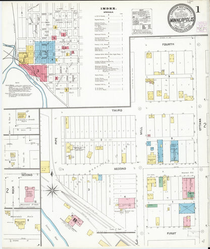 Sanborn Fire Insurance Map from Minneapolis, Ottawa  County, Kansas (1905), Sheet #0001 - Complete Map Set gallery image, historic Sanborn map, vintage wall art, Kansas Kansas