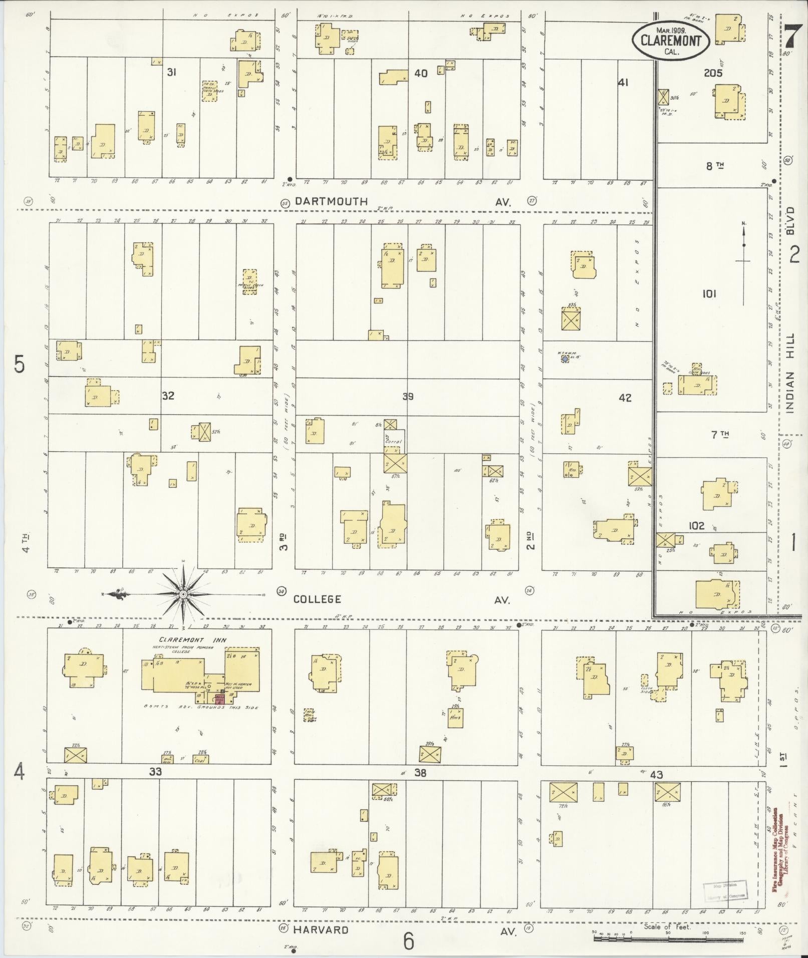Sanborn Fire Insurance Map from Claremont, Los Angeles County, California (1909), Sheet #0007 - Historic Sanborn Fire Insurance Map Print, vintage old map wall art, antique decor, genealogy gift, California California map