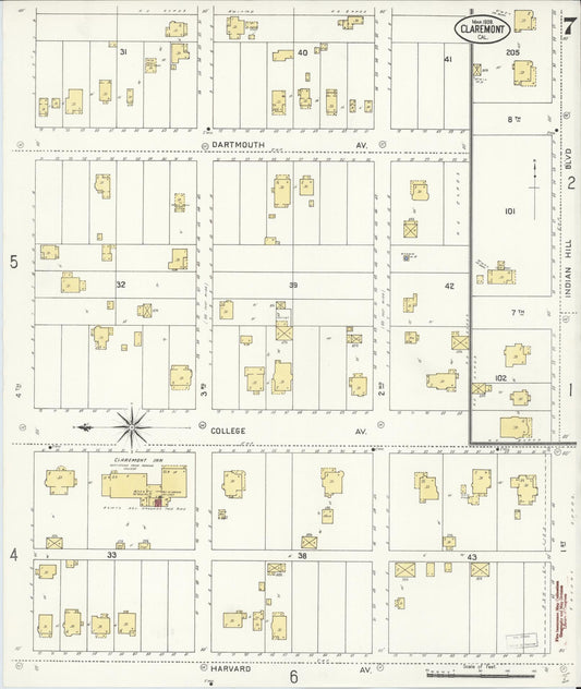 Sanborn Fire Insurance Map from Claremont, Los Angeles County, California (1909), Sheet #0007 - Historic Sanborn Fire Insurance Map Print, vintage old map wall art, antique decor, genealogy gift, California California map