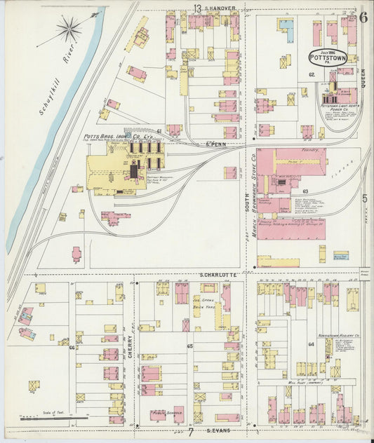 Sanborn Fire Insurance Map from Pottstown, Montgomery County, Pennsylvania (1896), Sheet #0006 - Historic Sanborn Fire Insurance Map Print, vintage old map wall art, antique decor, genealogy gift, Pennsylvania Pennsylvania map