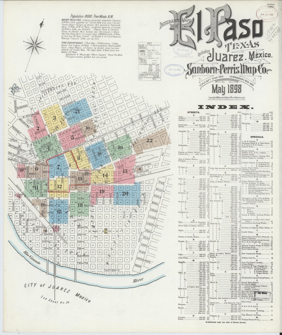 Sanborn Fire Insurance Map from El Paso, El Paso County, Texas (1898), Sheet #0001 - Historic Sanborn Fire Insurance Map Print, vintage old map wall art, antique decor, genealogy gift, Texas Texas map