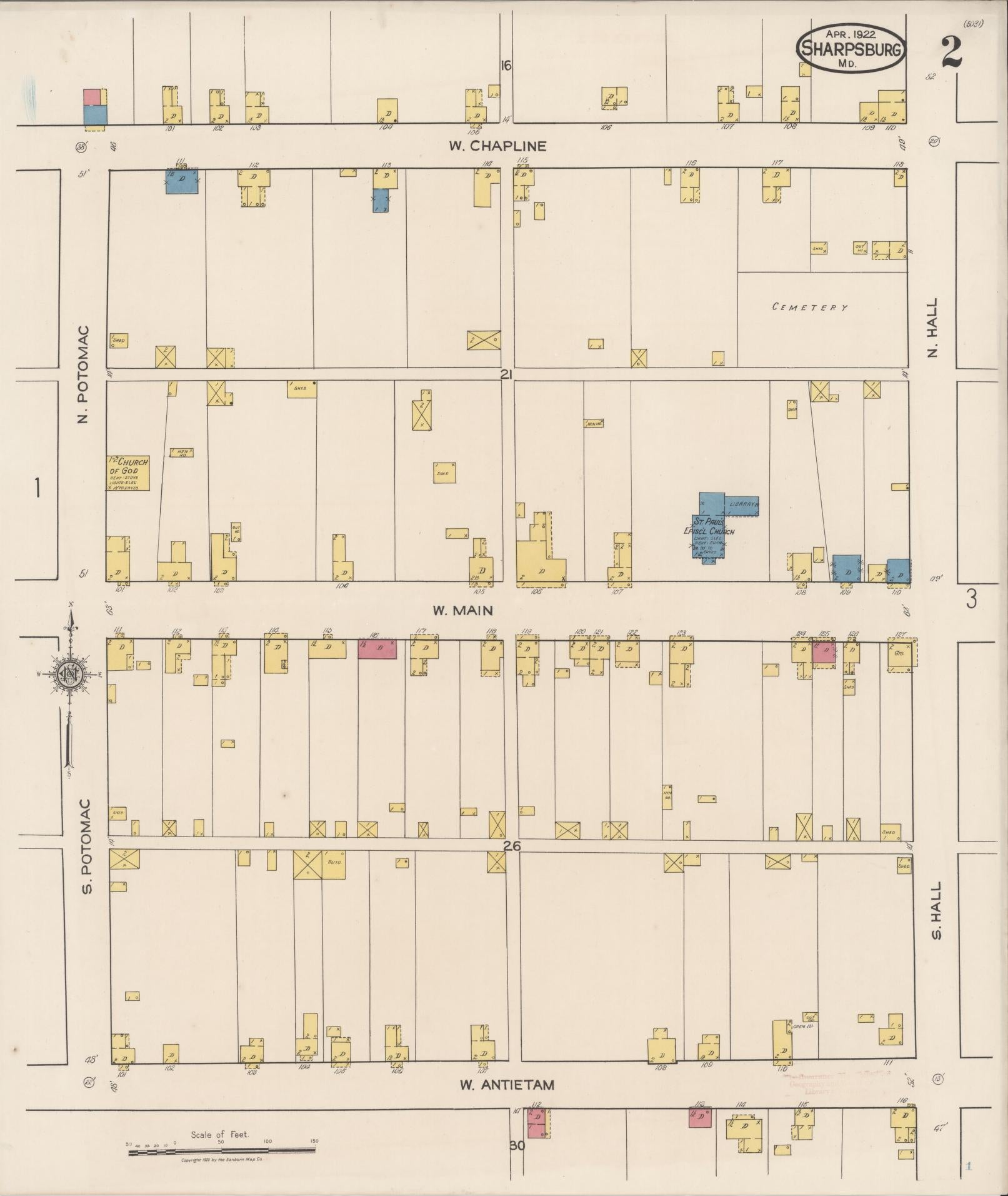 Sanborn Fire Insurance Map from Sharpsburg, Washington County, Maryland (1922), Sheet #0002 - Historic Sanborn Fire Insurance Map Print, vintage old map wall art