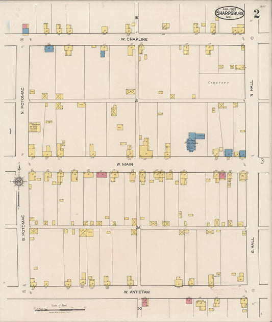 Sanborn Fire Insurance Map from Sharpsburg, Washington County, Maryland (1922), Sheet #0002 - Historic Sanborn Fire Insurance Map Print, vintage old map wall art
