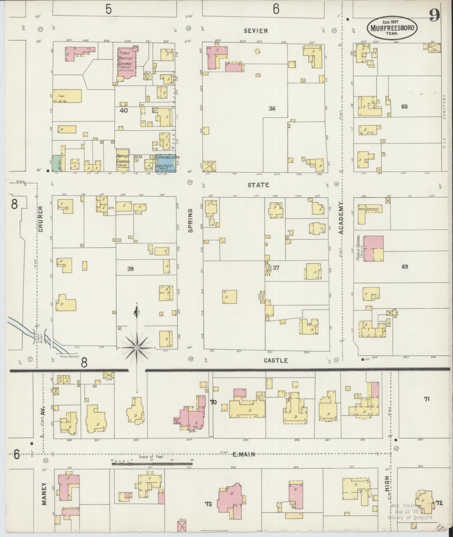 Sanborn Fire Insurance Map from Murfreesboro, Rutherford County, Tennessee (1897), Sheet #0009 - Historic Sanborn Fire Insurance Map Print, vintage old map wall art, antique decor, genealogy gift, Tennessee Tennessee map