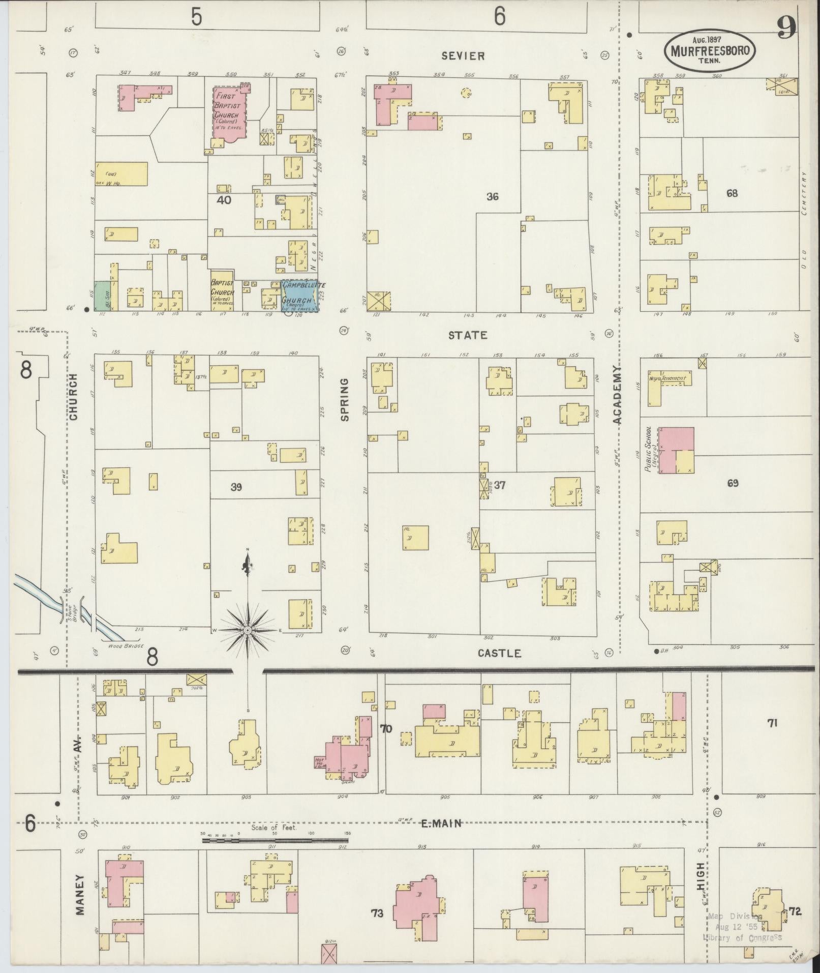 Sanborn Fire Insurance Map from Murfreesboro, Rutherford County, Tennessee (1897), Sheet #0009 - Historic Sanborn Fire Insurance Map Print, vintage old map wall art, antique decor, genealogy gift, Tennessee Tennessee map