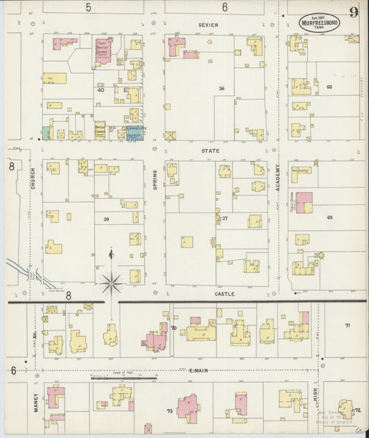 Sanborn Fire Insurance Map from Murfreesboro, Rutherford County, Tennessee (1897), Sheet #0009 - Historic Sanborn Fire Insurance Map Print, vintage old map wall art, antique decor, genealogy gift, Tennessee Tennessee map