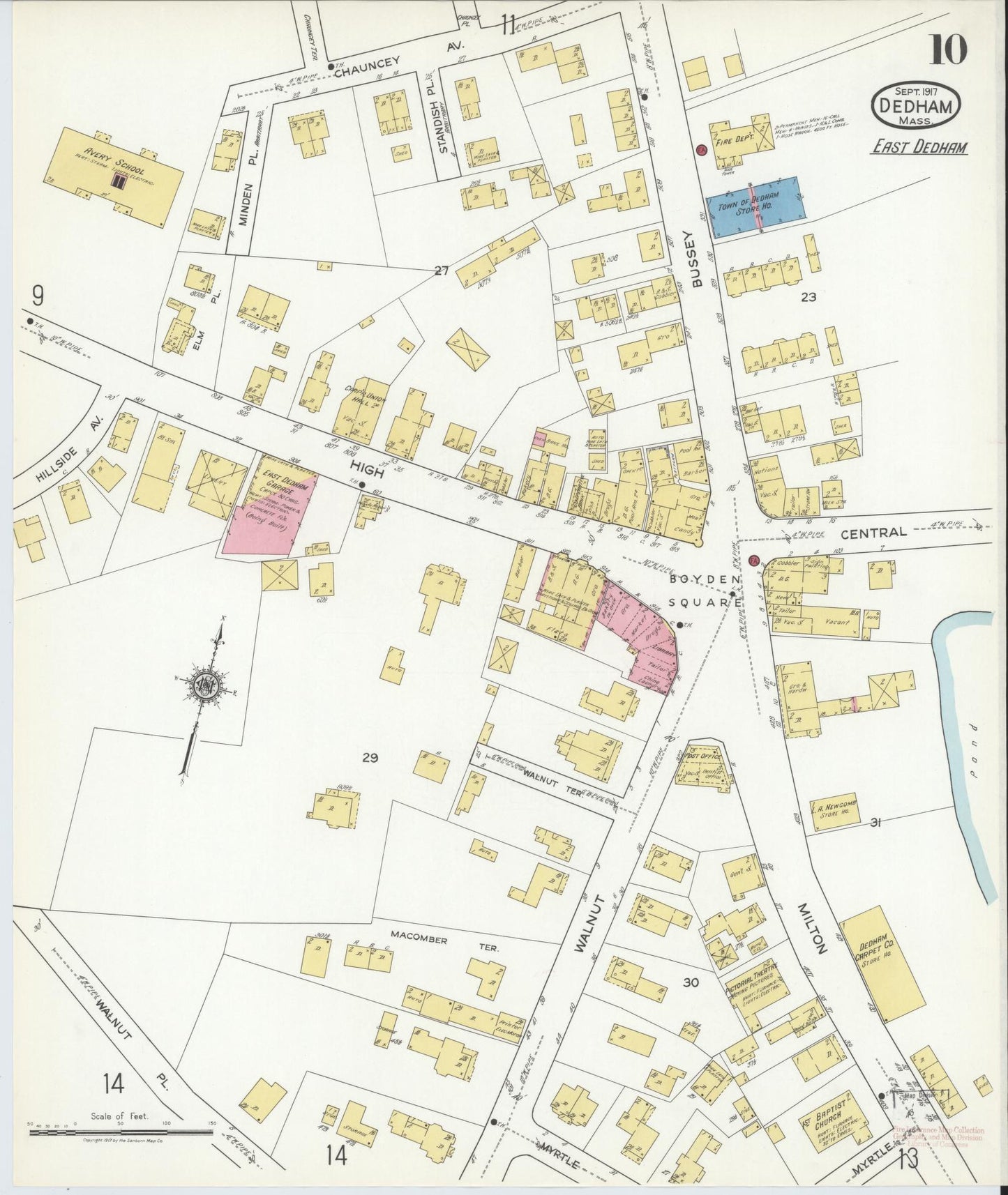 Sanborn Fire Insurance Map from Dedham, Norfolk County, Massachusetts (1917), Sheet #0010 - Historic Sanborn Fire Insurance Map Print, vintage old map wall art, antique decor, genealogy gift, Massachusetts Massachusetts map