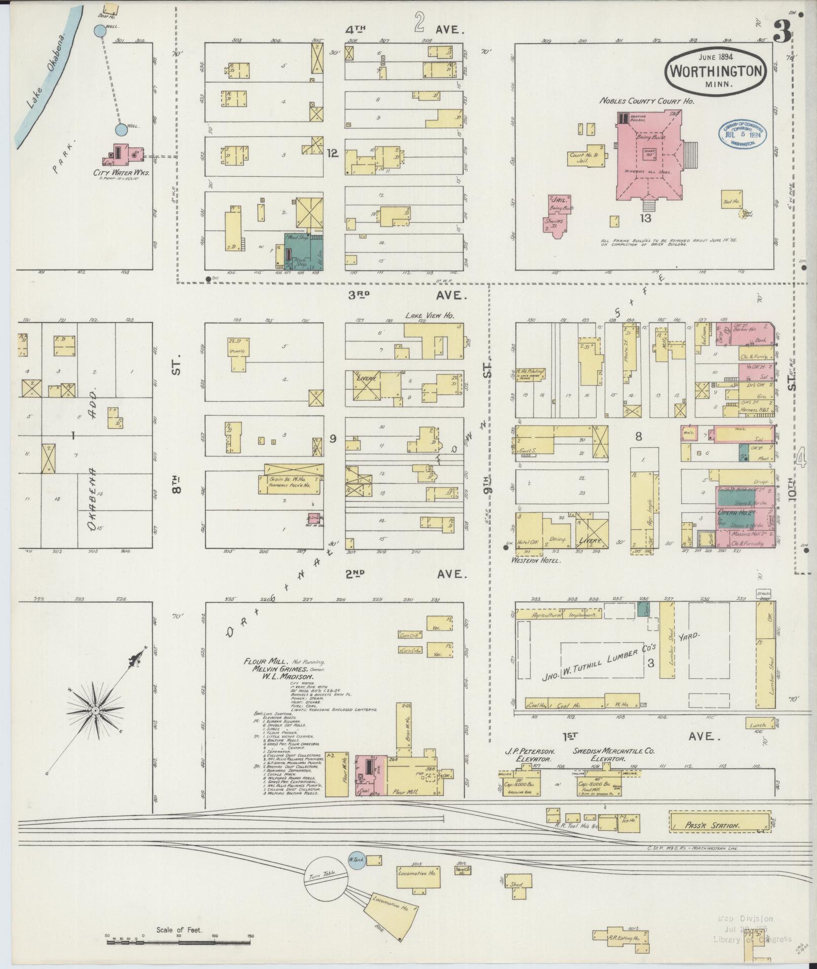 Sanborn Fire Insurance Map from Worthington, Nobles County, Minnesota (1894), Sheet #0003 - Complete Map Set gallery image, historic Sanborn map, vintage wall art, Minnesota Minnesota